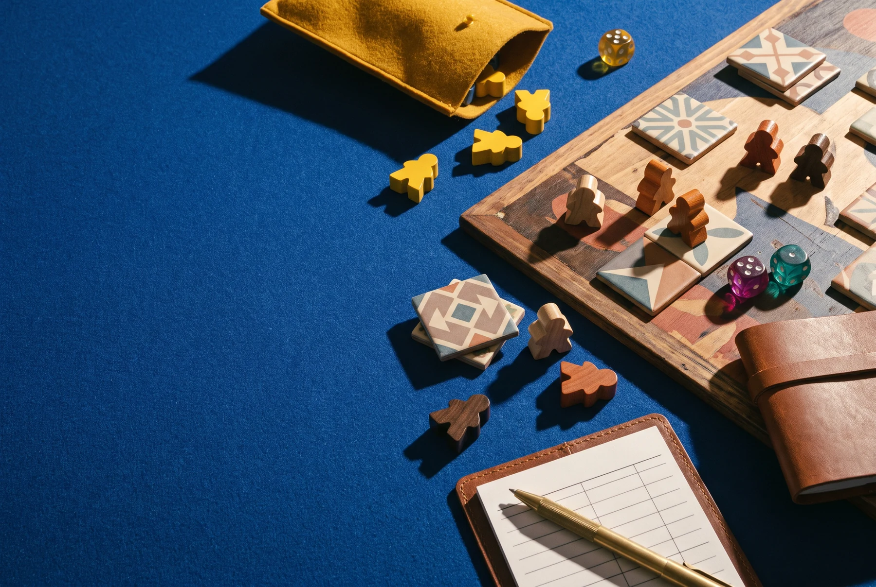 An overhead board game table with tiles, wooden pieces, dice and a score sheet