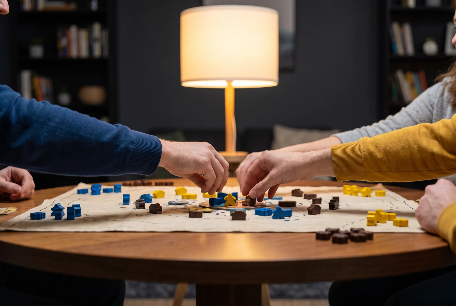 People playing a tabletop game around a round table