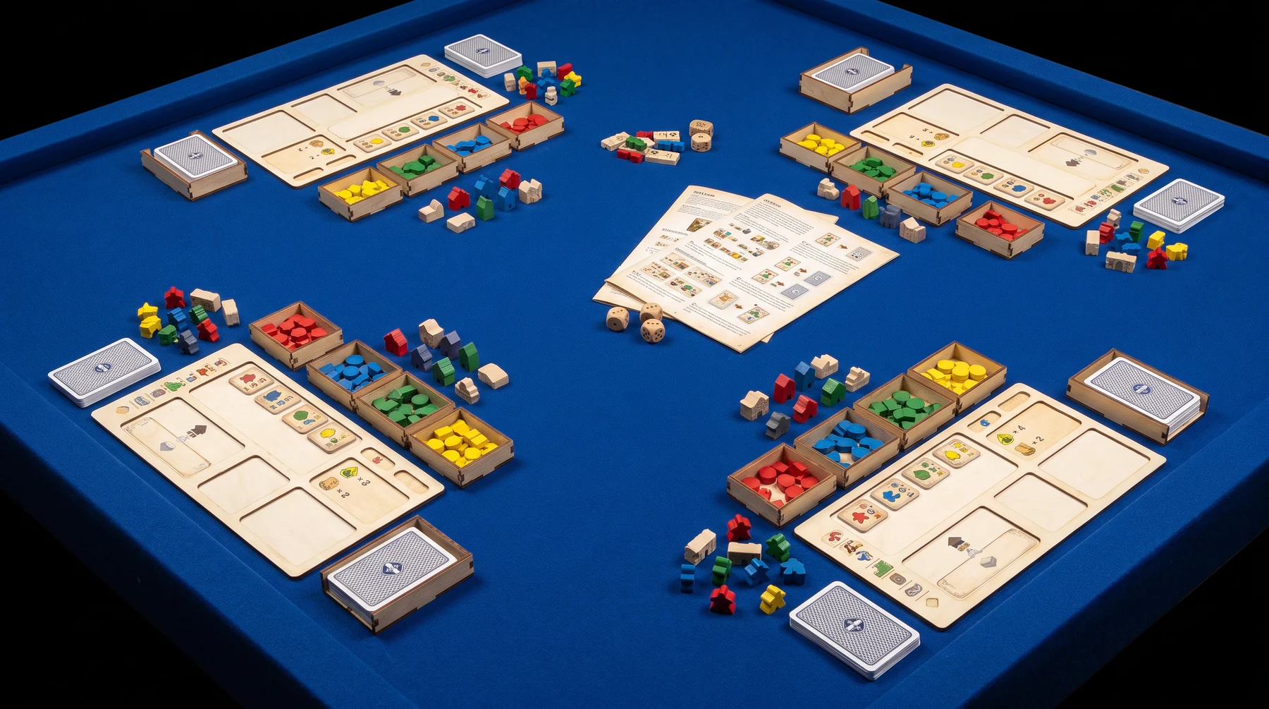 Wide overhead game tableau with player boards, cards and colourful pieces